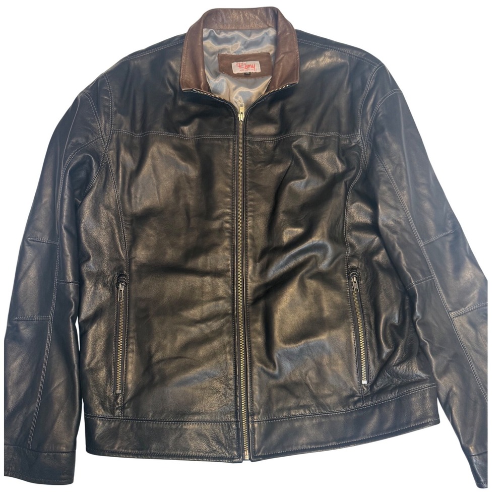 Remy Leather Jacket Mens 46 Black Brown Made in USA Moto Bomber Zip Coat